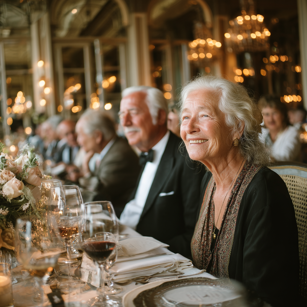 Una mujer feliz con sus invitados en una boda | Fuente: Midjourney