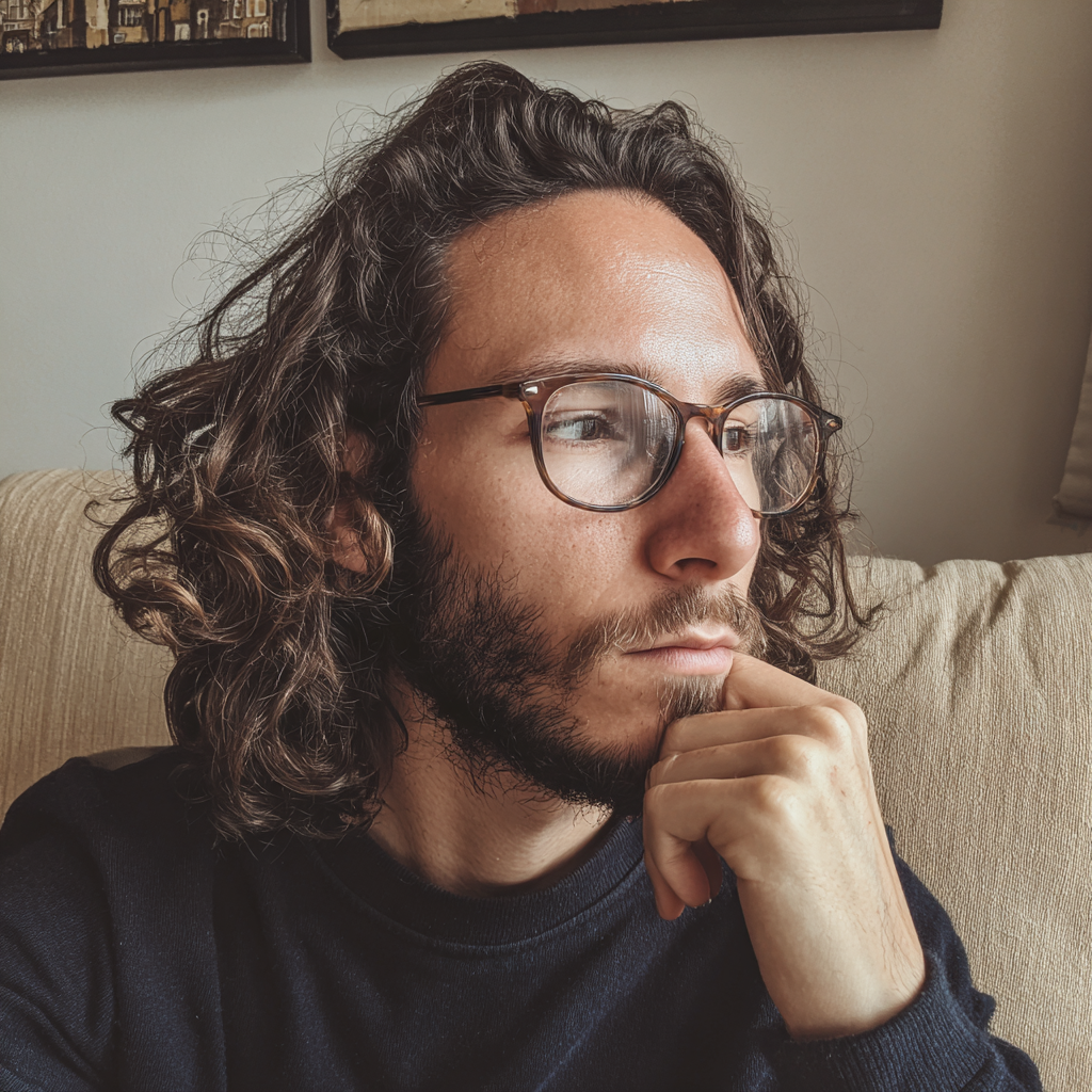 Un hombre pensativo con una camisa azul marino | Fuente: Midjourney