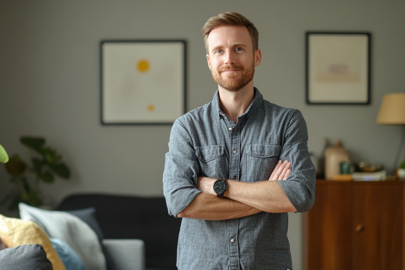 Un hombre sonríe orgulloso en un salón | Fuente: Midjourney