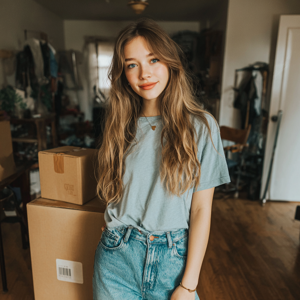 Una adolescente de pie en un salón con cajas | Fuente: Midjourney