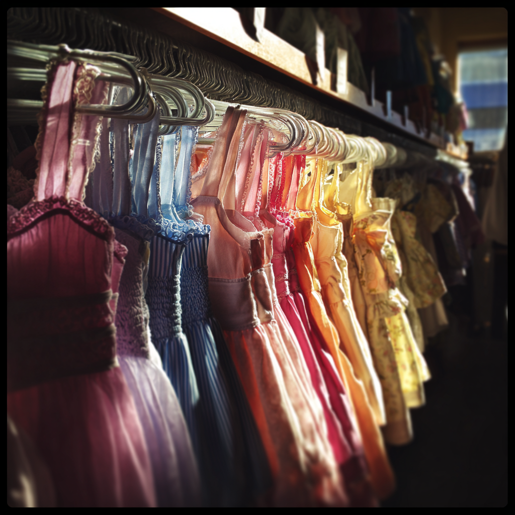 Una hilera de vestidos en una tienda | Fuente: Midjourney