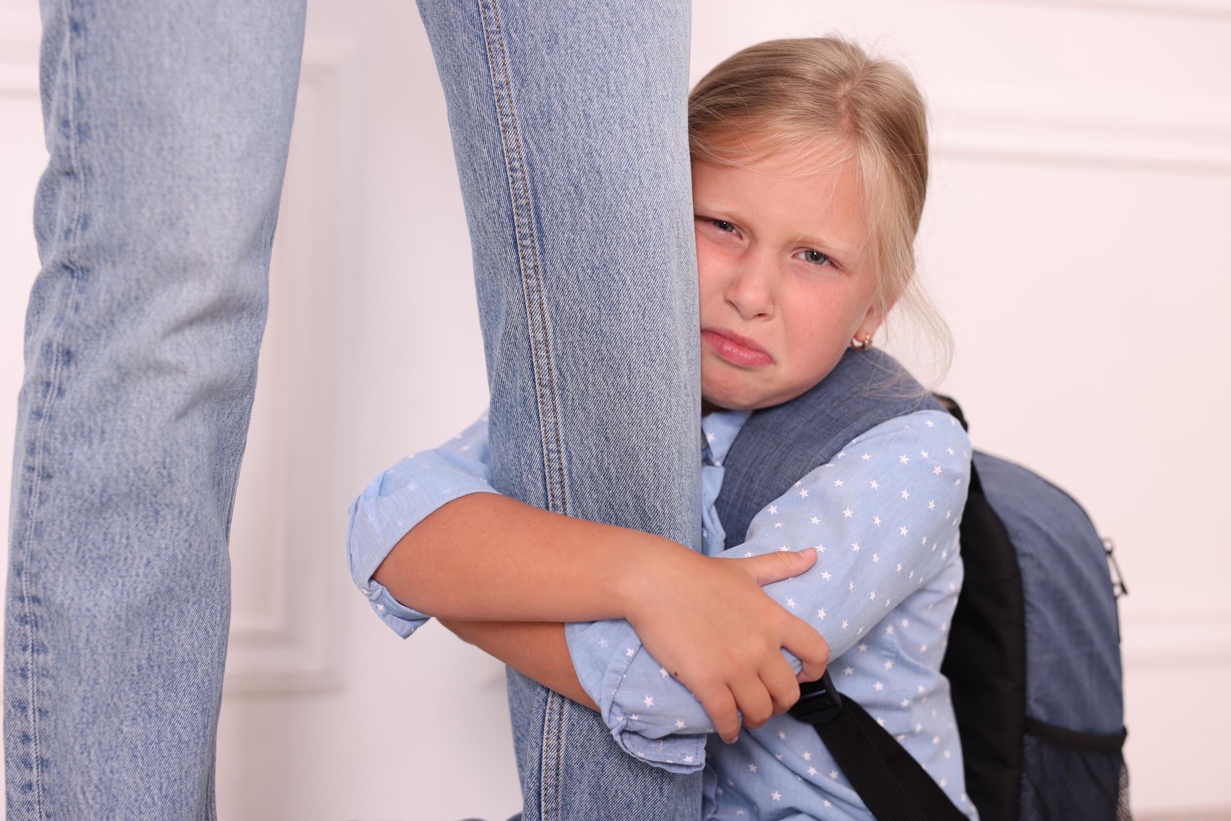 Niña llorando agarrada a la pierna de un adulto | Fuente: Shutterstock