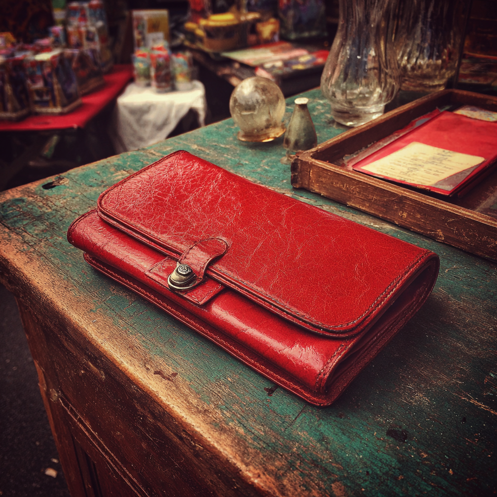 Un bolso vintage de cuero rojo sobre una mesa de madera | Fuente: Midjourney