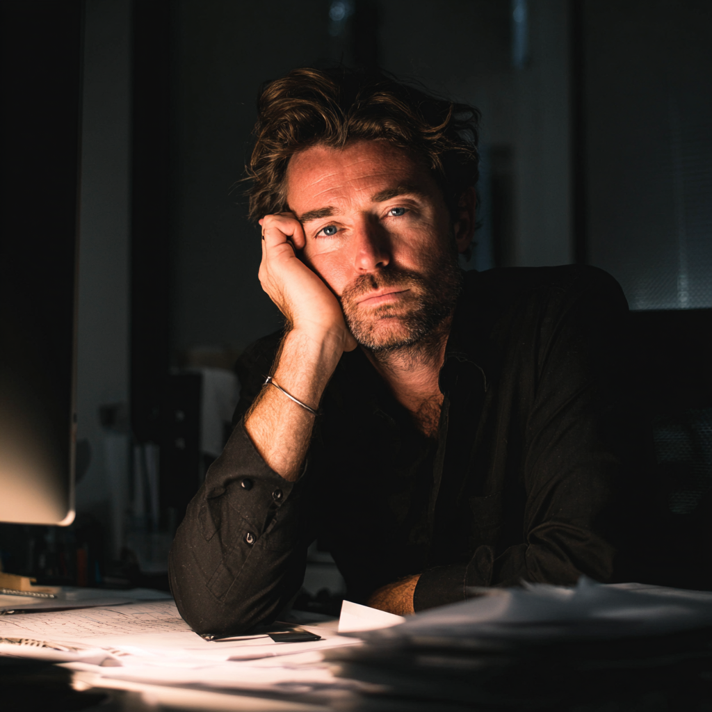 Un hombre frustrado con una camisa negra formal | Fuente: Midjourney