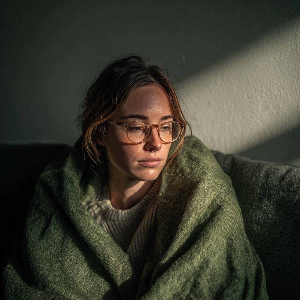 Una mujer emocionada envuelta en una manta verde | Fuente: Midjourney