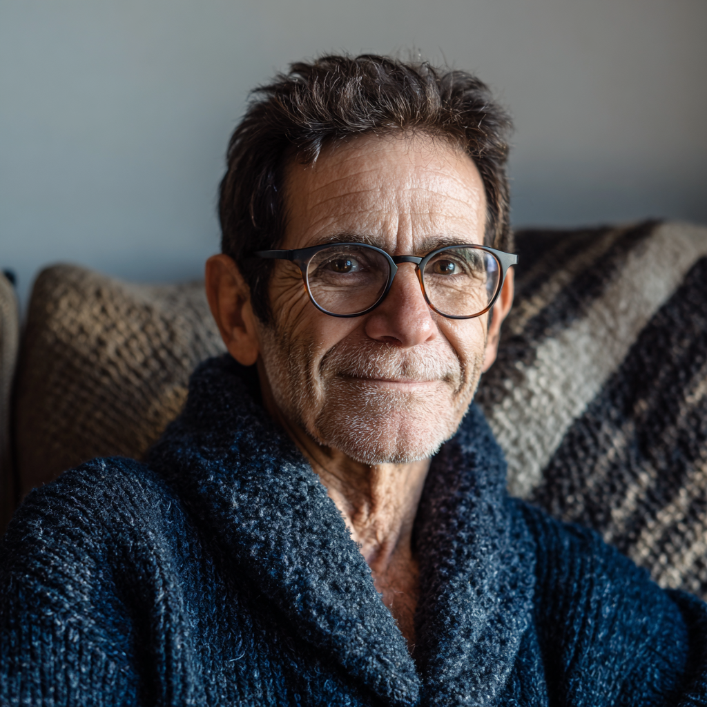 Un hombre mayor sonriente sentado en un sofá | Fuente: Midjourney