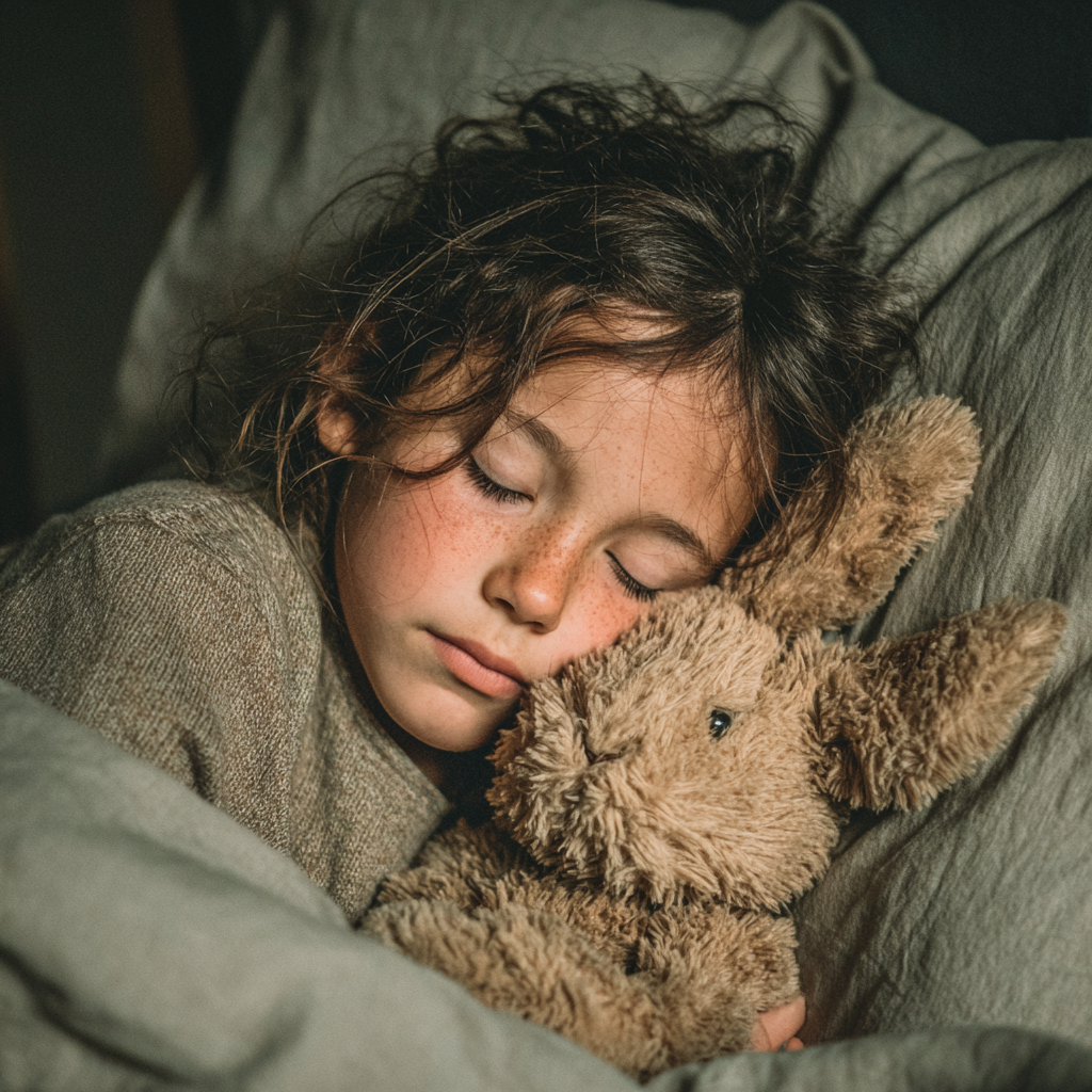 Una niña durmiendo con su peluche | Fuente: Midjourney