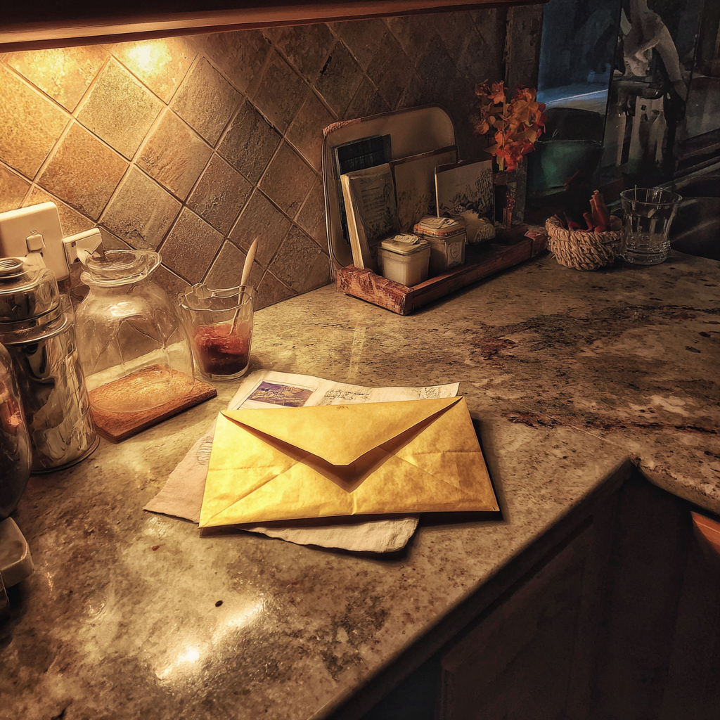 Un sobre en la encimera de la cocina | Fuente: Midjourney