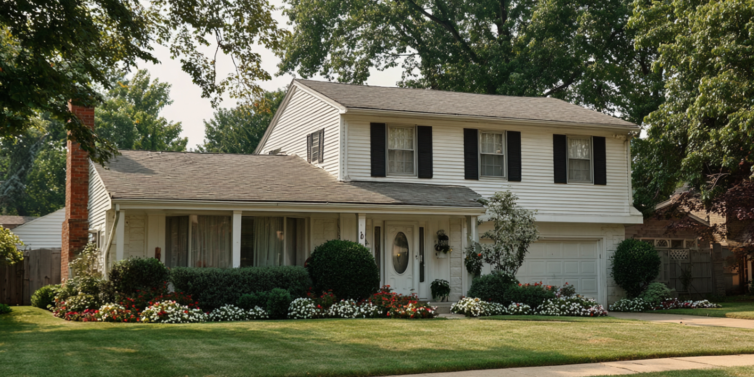 Una casa suburbana con revestimiento blanco, contraventanas negras y un exuberante jardín delantero repleto de flores de colores | Fuente: The Celebritist