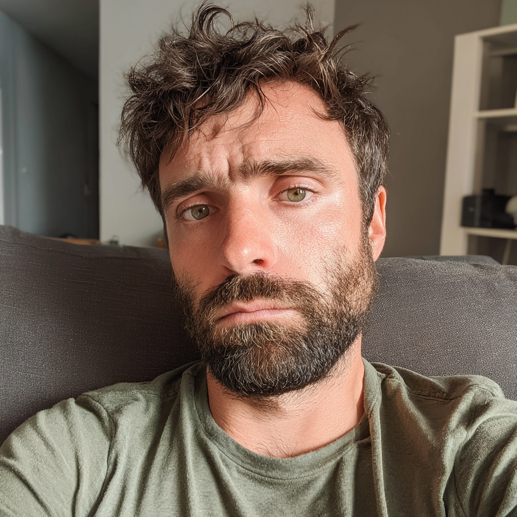 Un hombre emocional sentado en un sofá | Fuente: Midjourney
