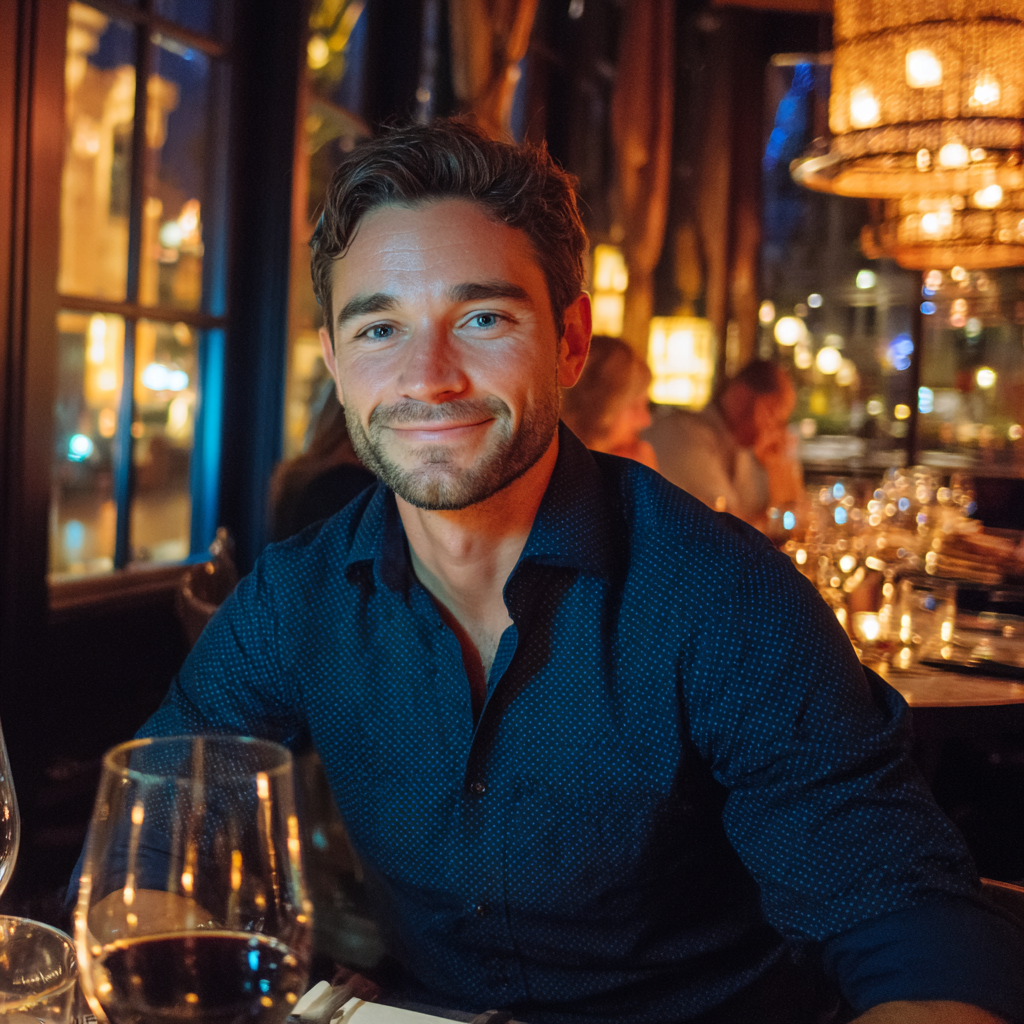 Primer plano de un hombre sonriente sentado a una mesa | Fuente: Midjourney
