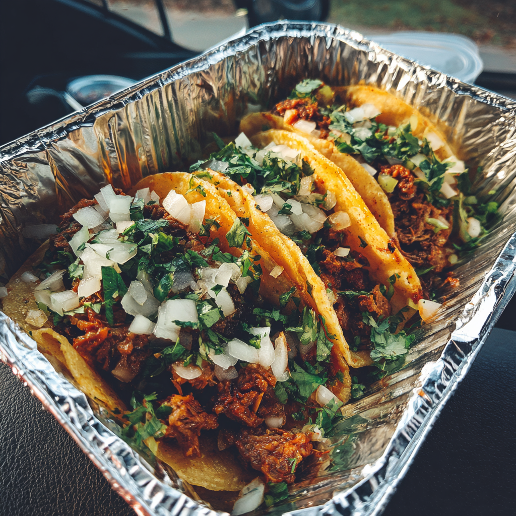 Un recipiente de aluminio con tacos | Fuente: Midjourney