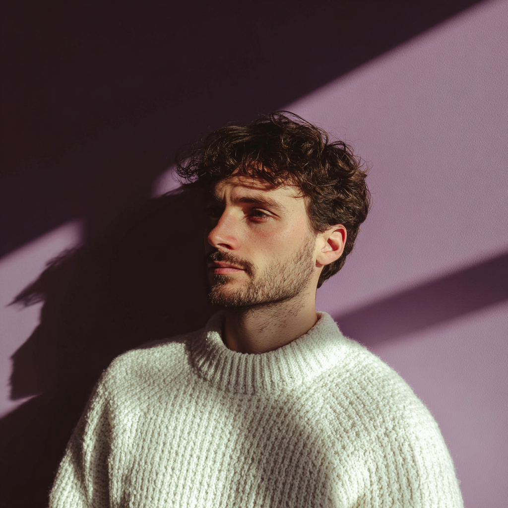 Un hombre pensativo con un suéter blanco | Fuente: Midjourney