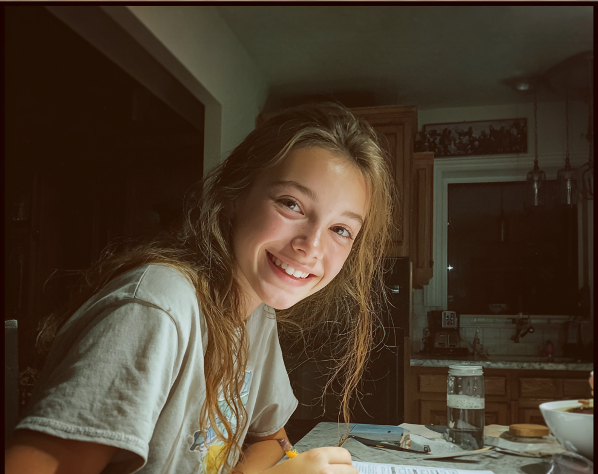 Una chica sentada en una mesa haciendo sus deberes | Fuente: Midjourney