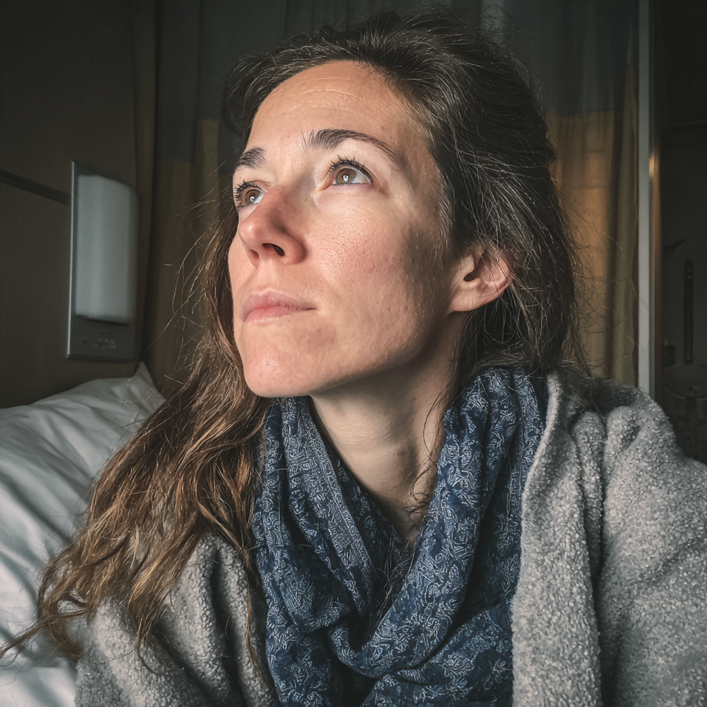 Primer plano de una mujer con una túnica gris | Fuente: Midjourney