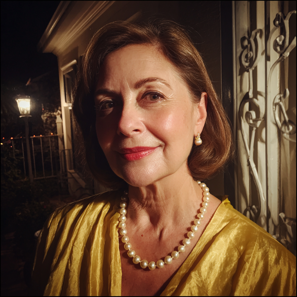 Una mujer sonriente ante una puerta | Fuente: Midjourney