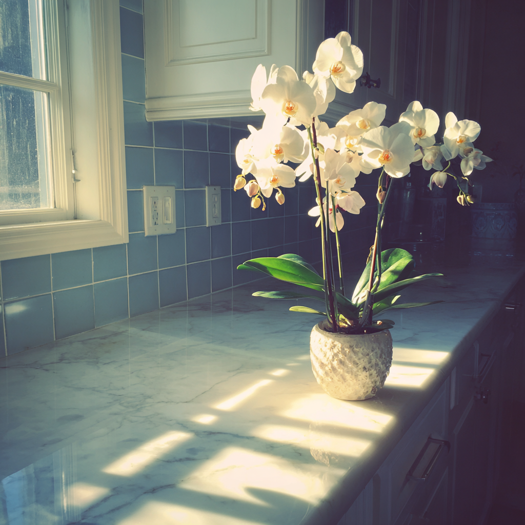 Una orquídea blanca sobre la encimera de una cocina | Fuente: Midjourney