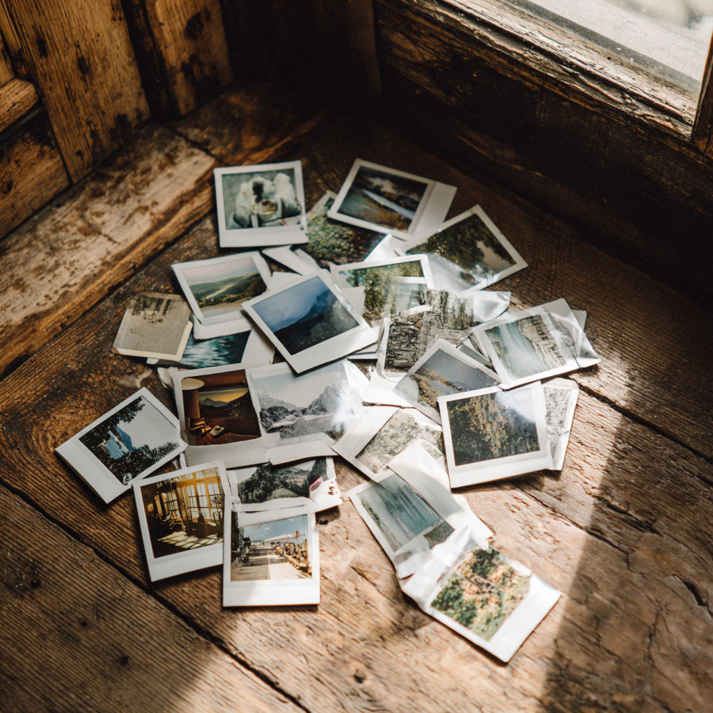 Fotos Polaroid esparcidas por el suelo de una cabaña | Fuente: Midjourney