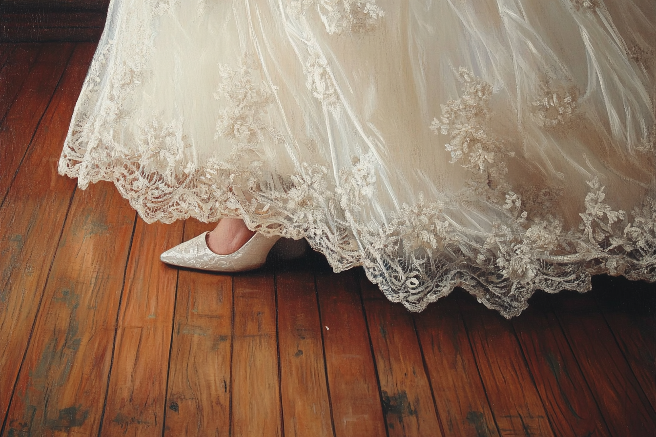Una novia caminando por un suelo de madera | Fuente: Midjourney