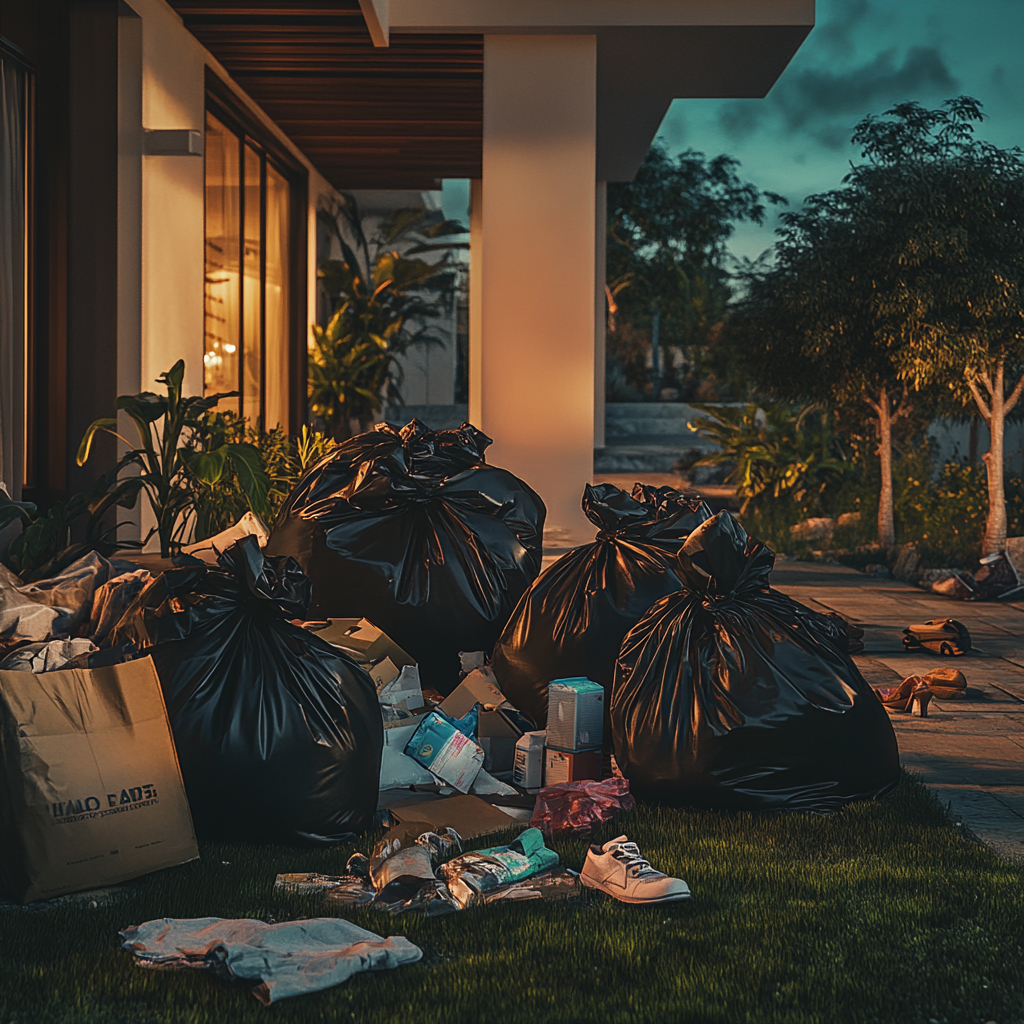 Las pertenencias de una persona tiradas en bolsas de basura fuera de una casa | Fuente: Midjourney