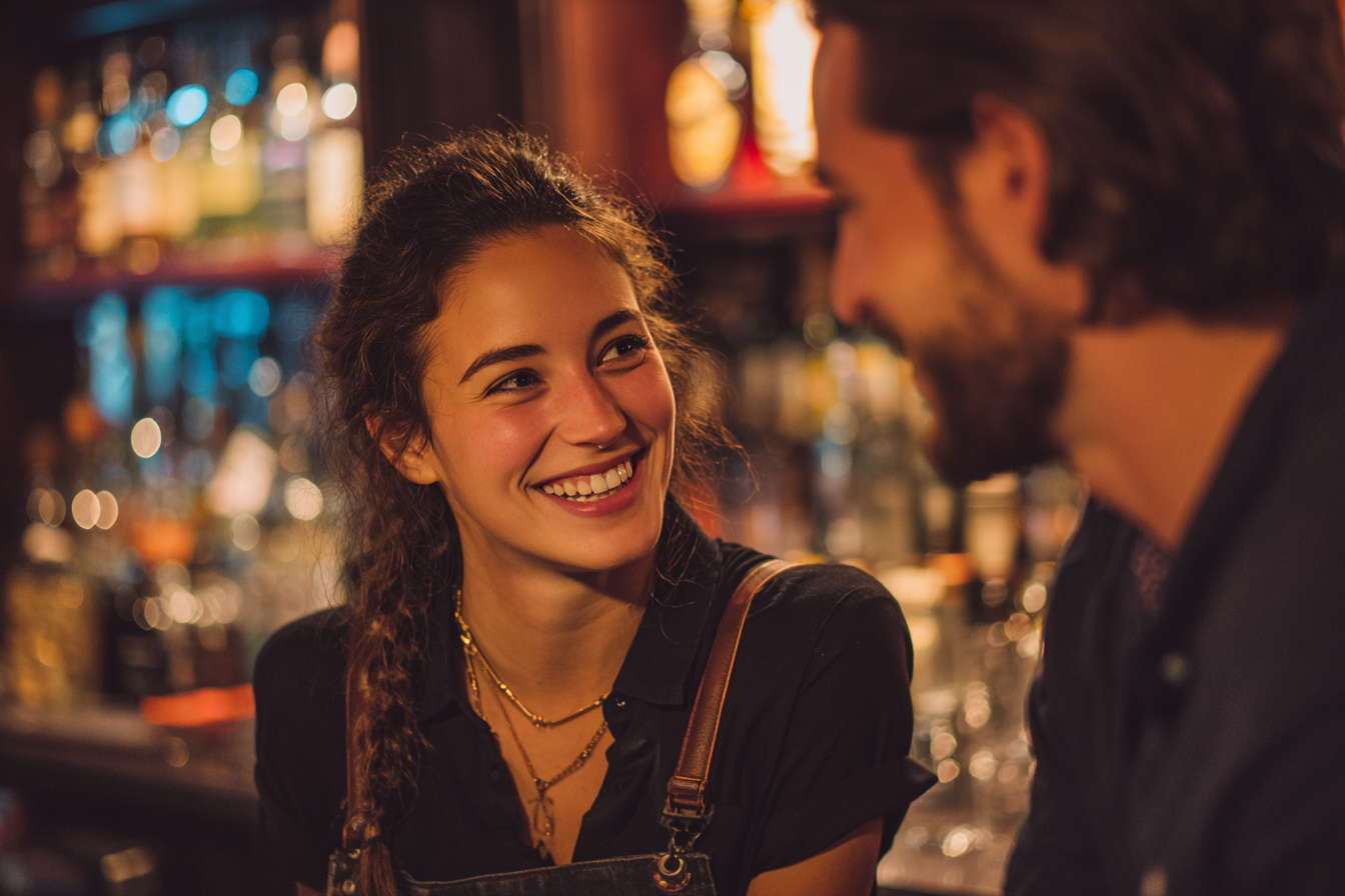 Una camarera riéndose con un cliente en un bar | Fuente: Midjourney