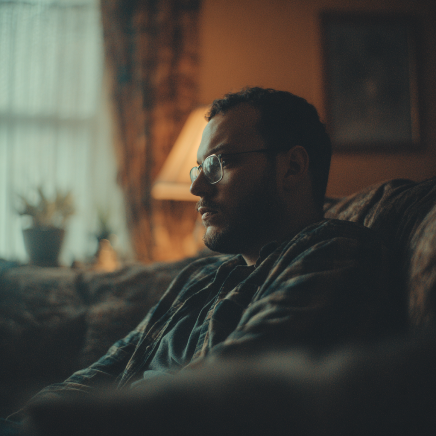 Un hombre serio sentado en un sofá | Fuente: Midjourney