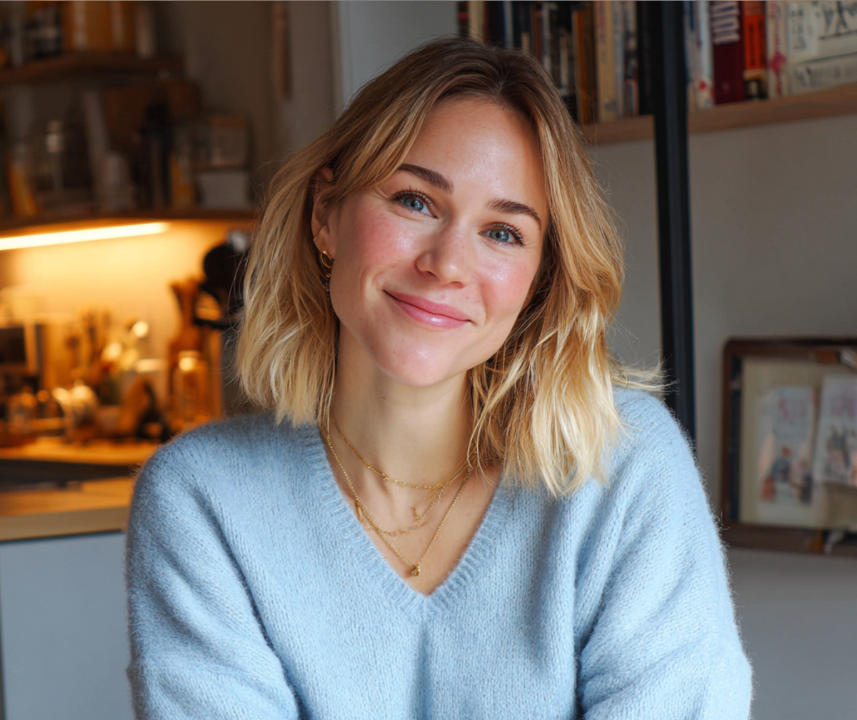 Una mujer sonriente con una rebeca azul | Fuente: Midjourney