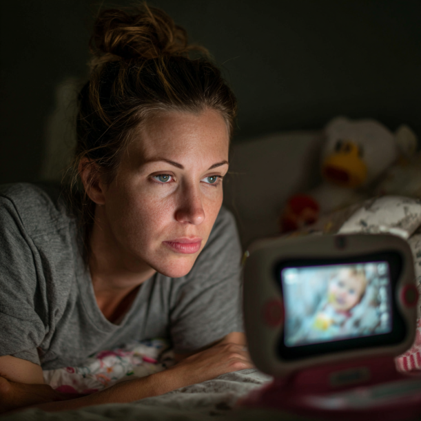 Una madre mirando el monitor de su bebé mientras piensa | Fuente: Midjourney