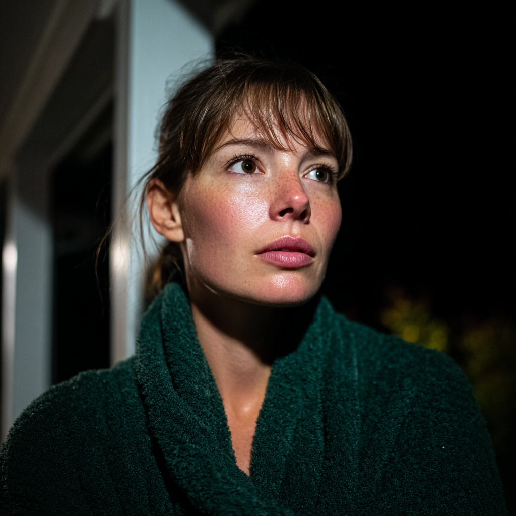 Una mujer en bata en un porche | Fuente: Midjourney