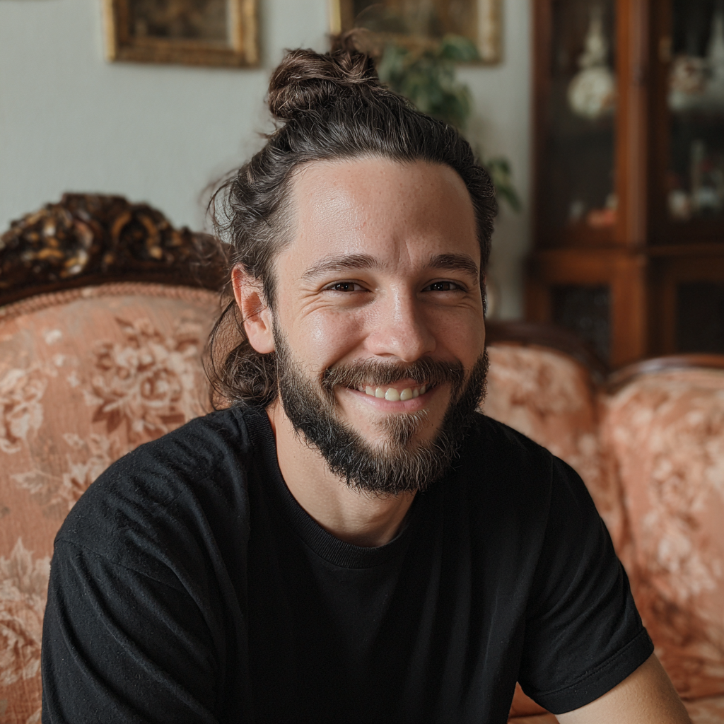 Un hombre sonriente sentado en un sofá | Fuente: Midjourney