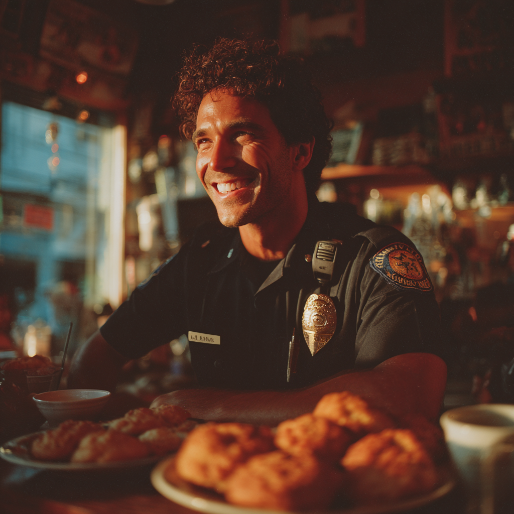 Un policía feliz riendo | Fuente: Midjourney