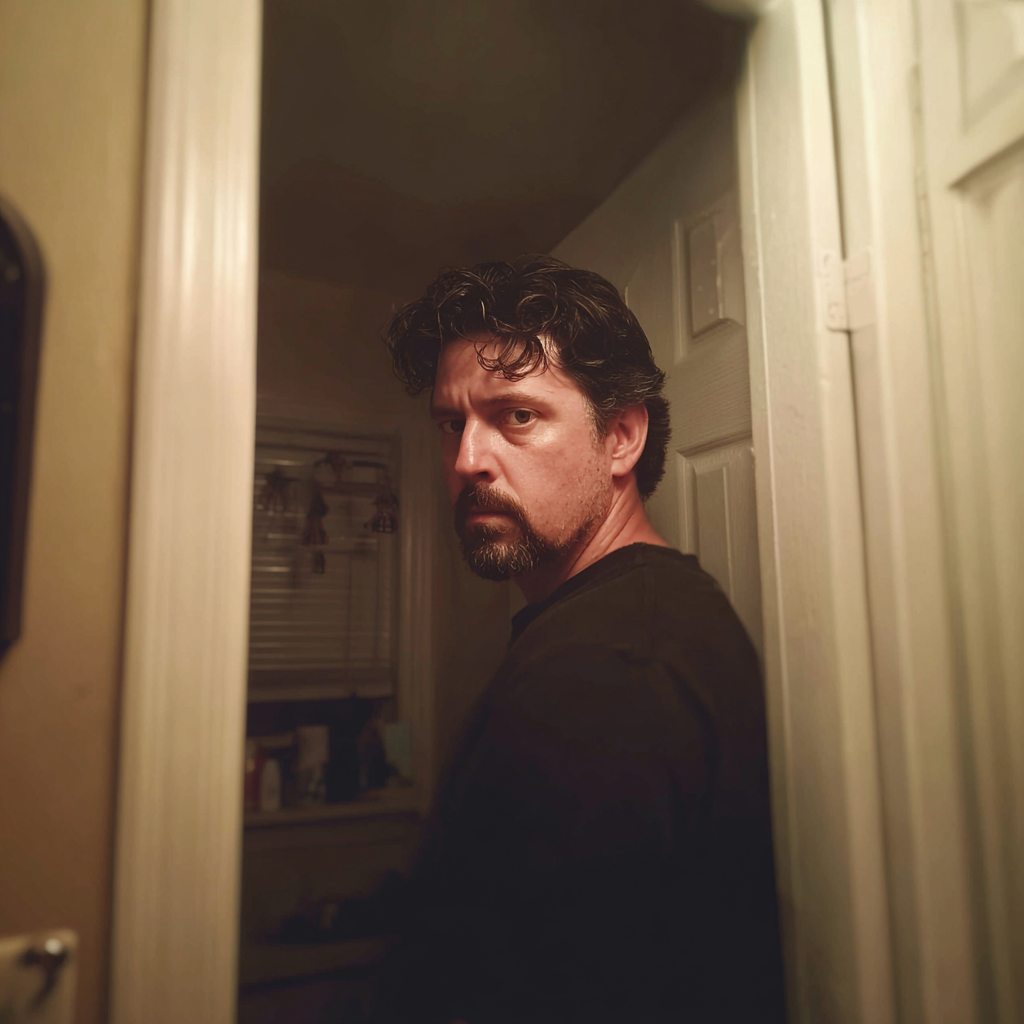 Un hombre de pie en la puerta de un cuarto de baño | Fuente: Midjourney