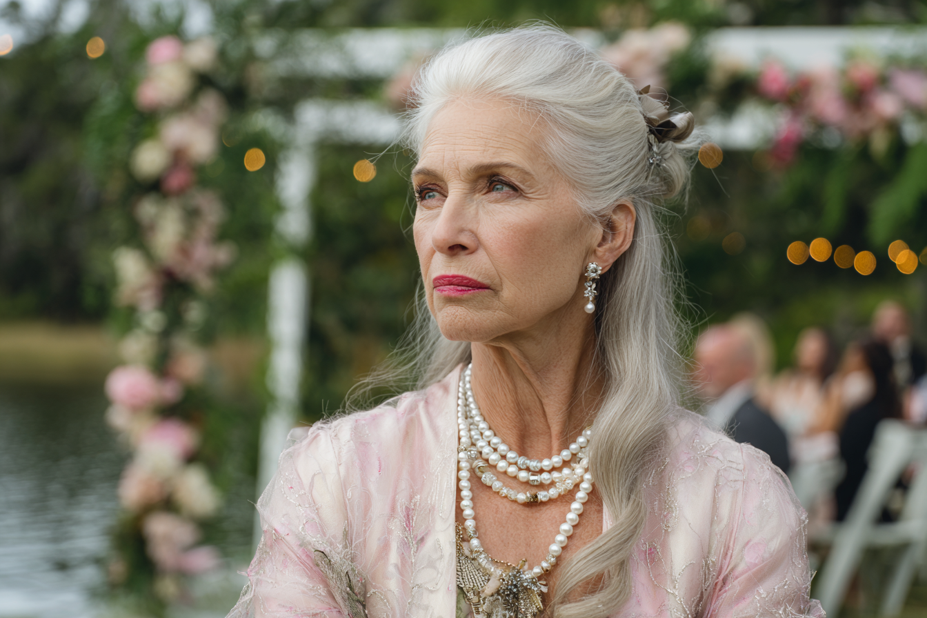 Una mujer mayor de pie en una boda al aire libre | Fuente: Midjourney