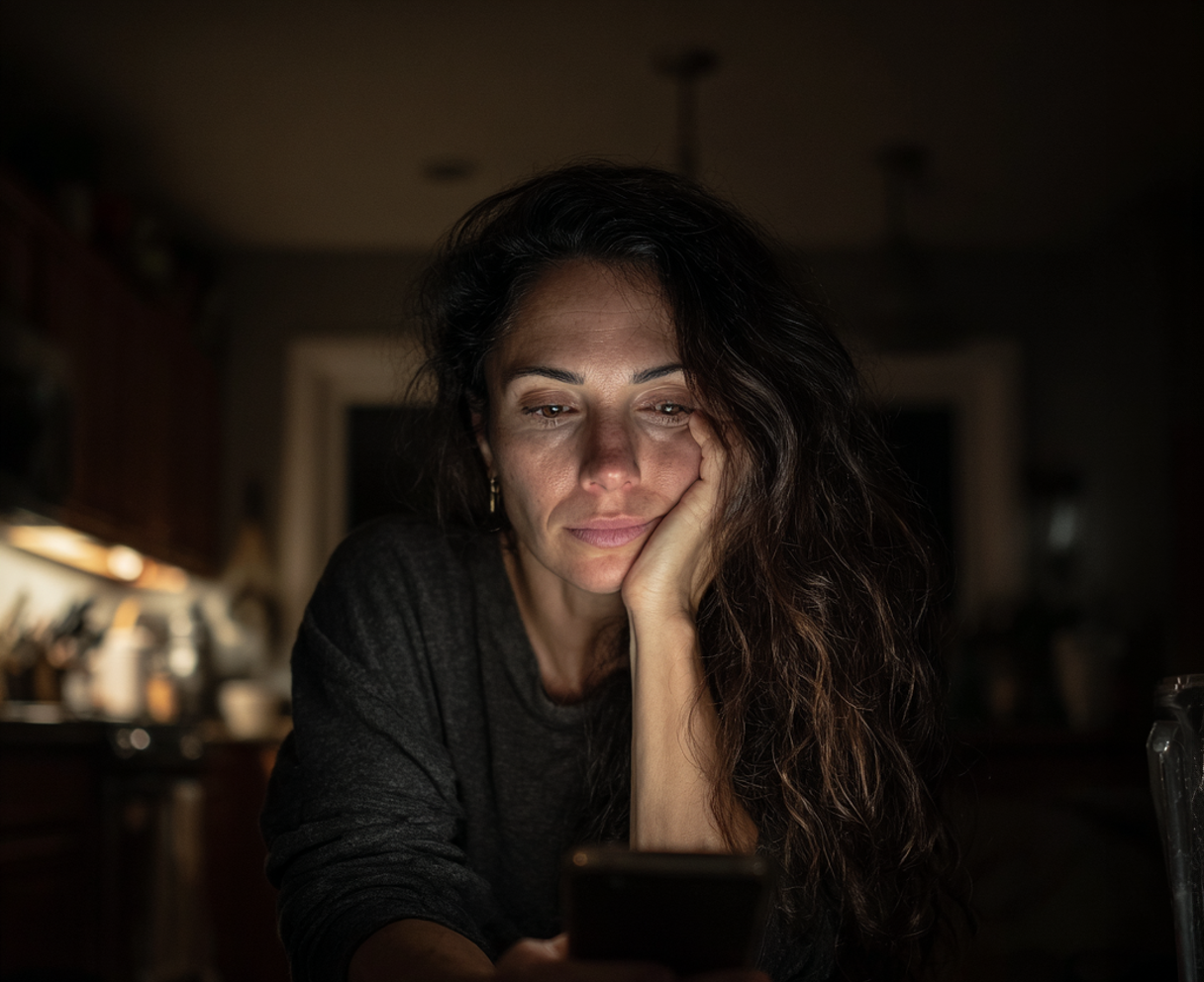 Una mujer sentada a la mesa de la cocina con su teléfono | Fuente: Midjourney