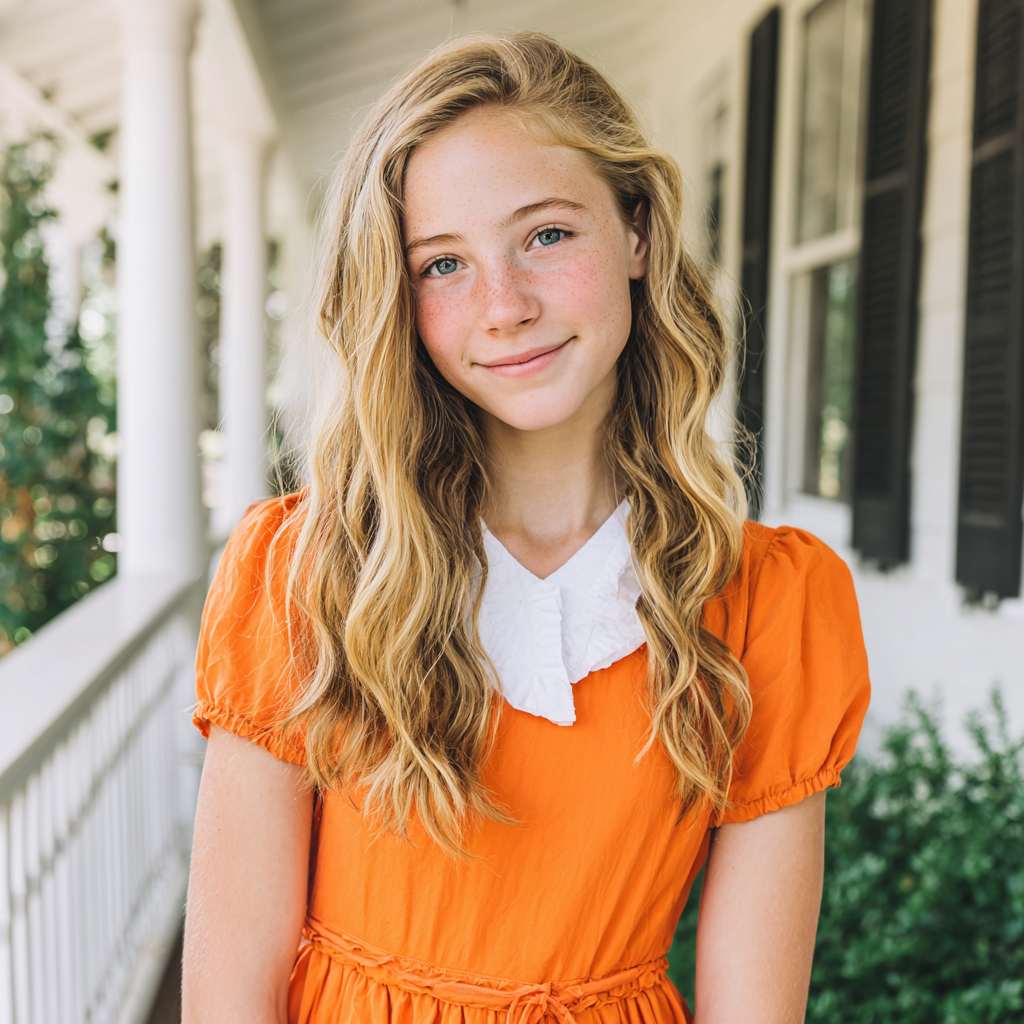 Una adolescente sonriente en un porche | Fuente: Midjourney