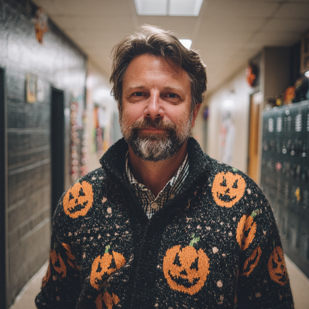 Un hombre sonriente con una rebeca de calabaza | Fuente: Midjourney