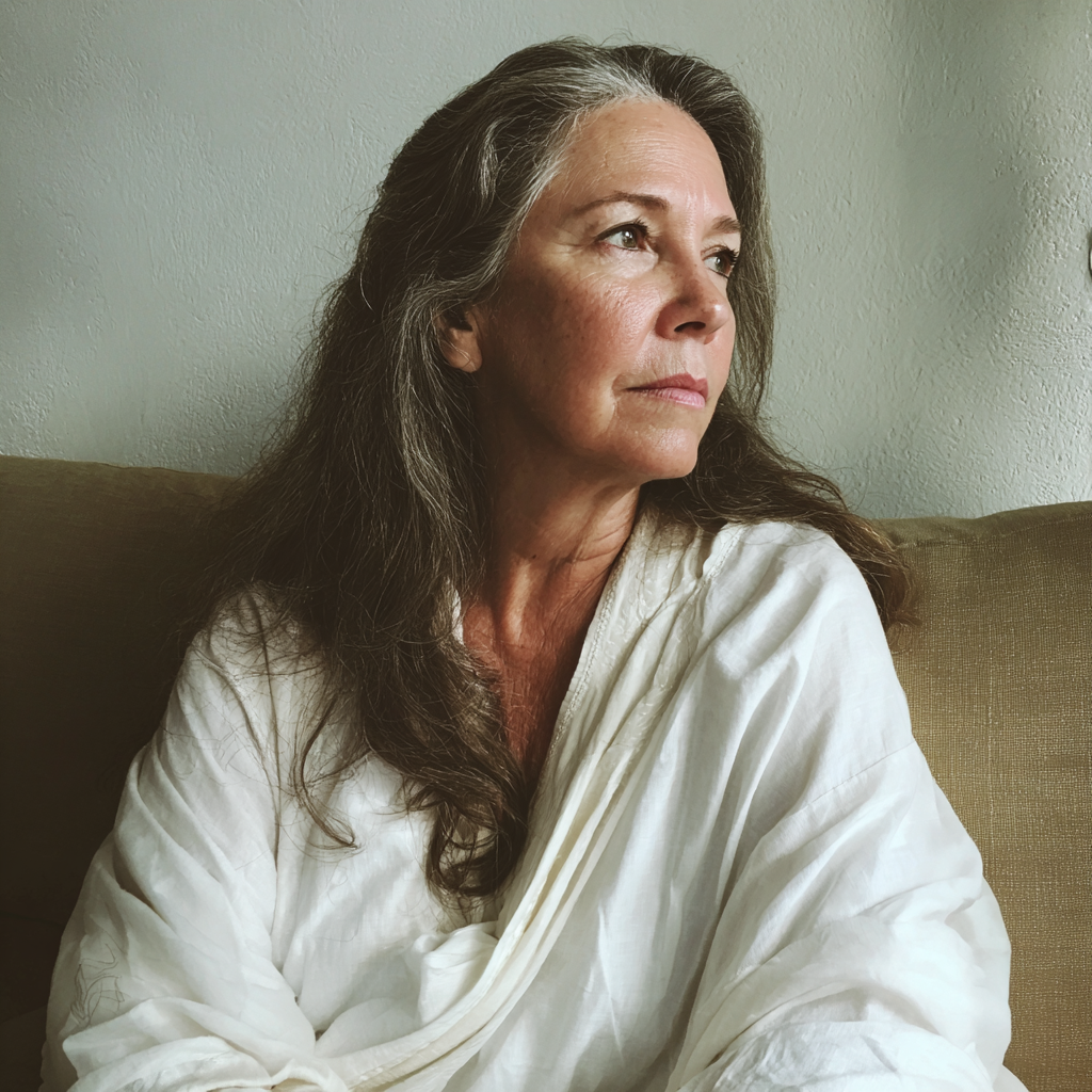 Una mujer mayor pensativa sentada en un sofá | Fuente: Midjourney