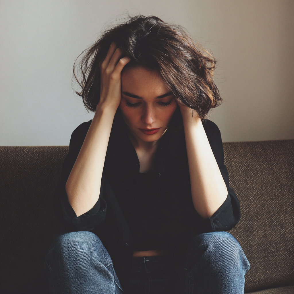 Una mujer sentada con la cabeza entre las manos | Fuente: Midjourney
