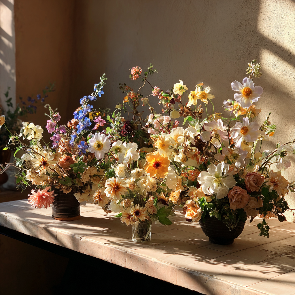 Arreglos florales en una mesa | Fuente: Midjourney
