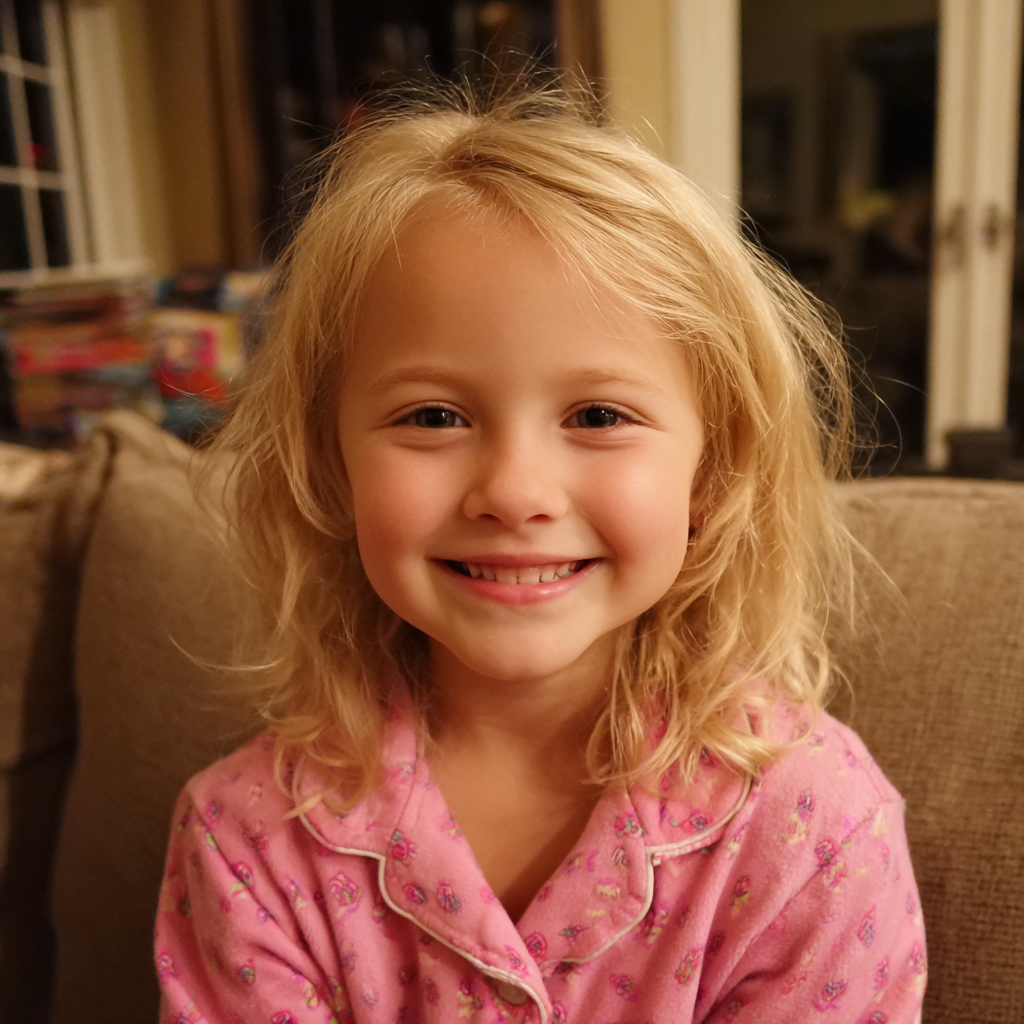 Una niña sonriente en pijama | Fuente: Midjourney
