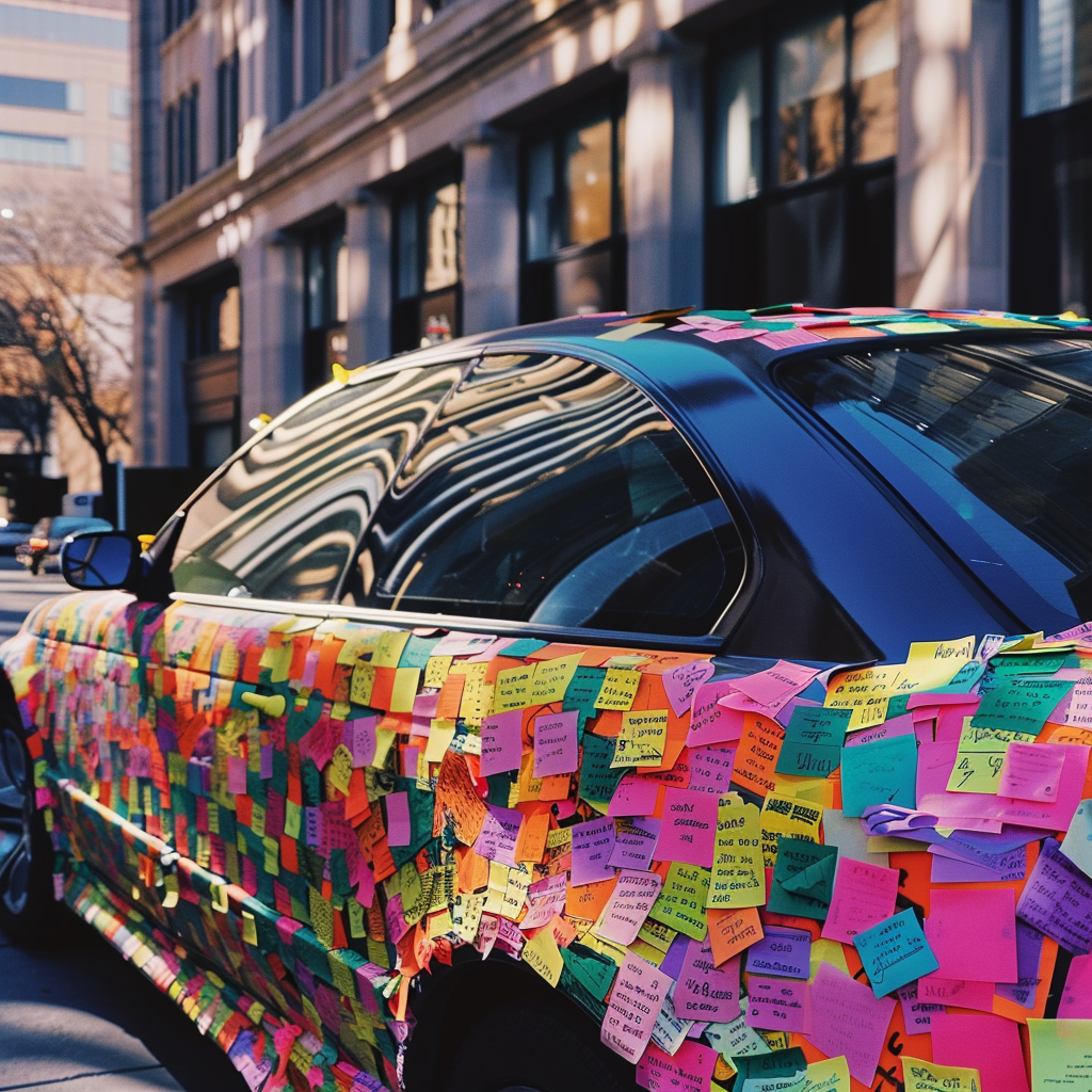 Un Automóvil cubierto de notas adhesivas | Fuente: Midjourney