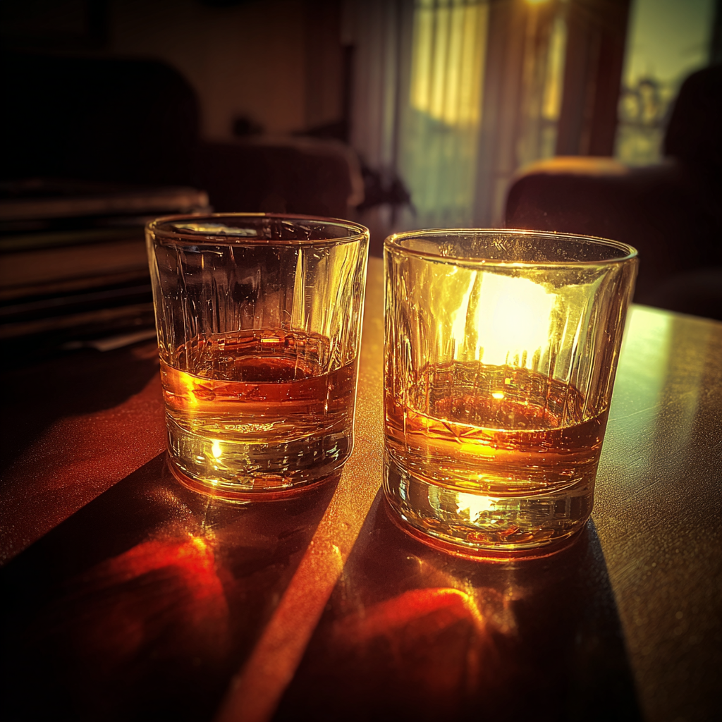 Dos vasos de whisky sobre una mesa de café | Fuente: Midjourney