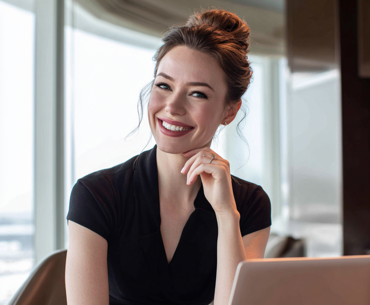 Una mujer sonriente sentada en un escritorio | Fuente: Midjourney