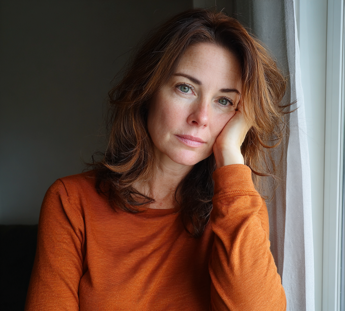 Una mujer apoyada en una ventana | Fuente: Midjourney