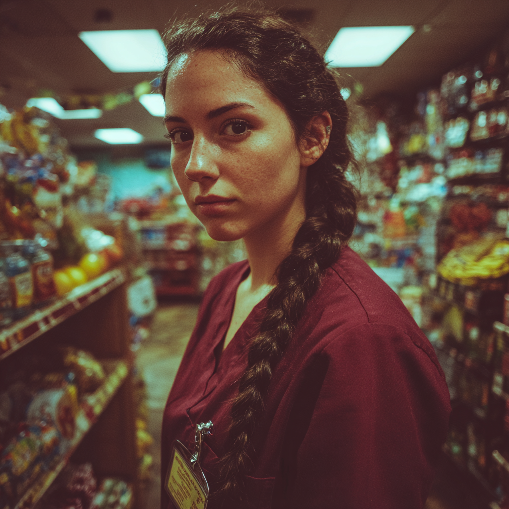 Una enfermera pensativa con bata granate | Fuente: Midjourney