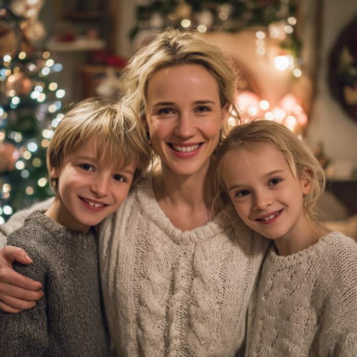 Una madre con sus hijos en Navidad | Fuente: Midjourney