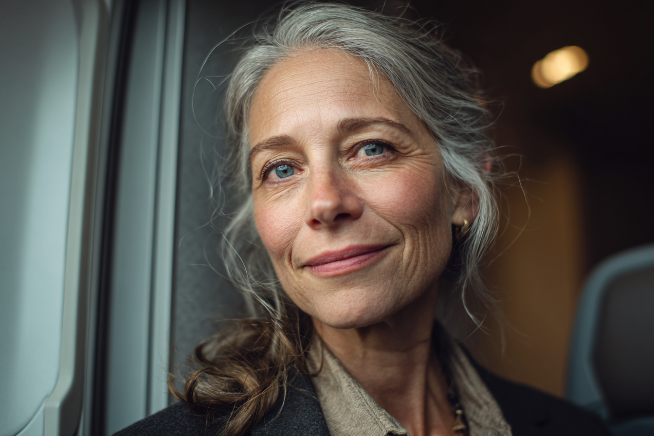 Una mujer mayor de pie en un avión | Fuente: Midjourney