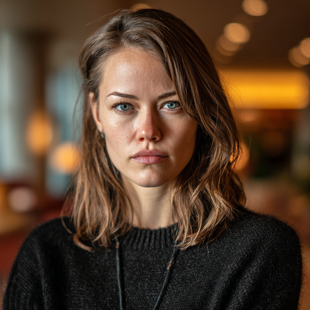 Una mujer pensativa con un jersey negro | Fuente: Midjourney
