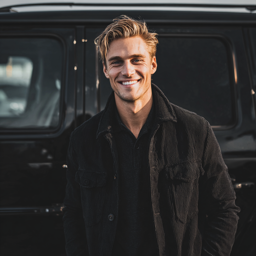 Un hombre sonriente delante de un todoterreno negro | Fuente: Midjourney