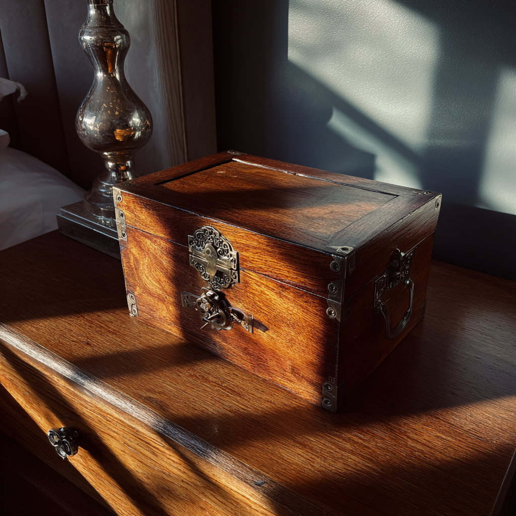 Una caja de madera en una mesilla de noche | Fuente: Midjourney